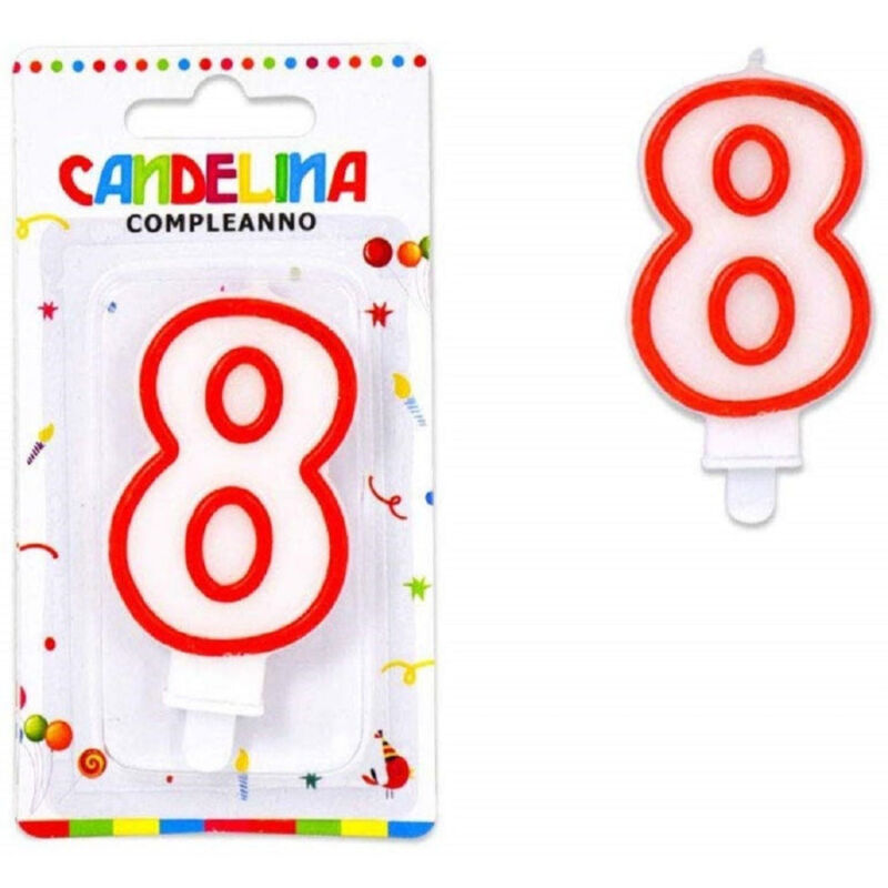 foto del prodotto trade shop traesio candelina candela numero 8 compleanno bianca bordo rosso candeline torta per festa 