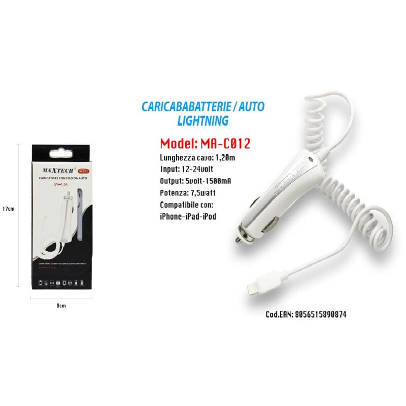 foto del prodotto trade shop traesio - caricatore per auto usb smartphone caricabatteria ricarica 5v-1000ma cavo apple -