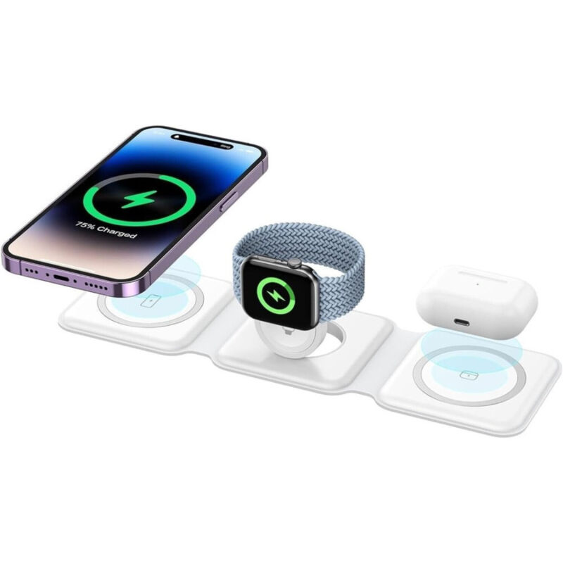 foto del prodotto trade shop traesio caricatore wireless 3in1 universale caricabatterie magnetico pieghevole da 15 w 
