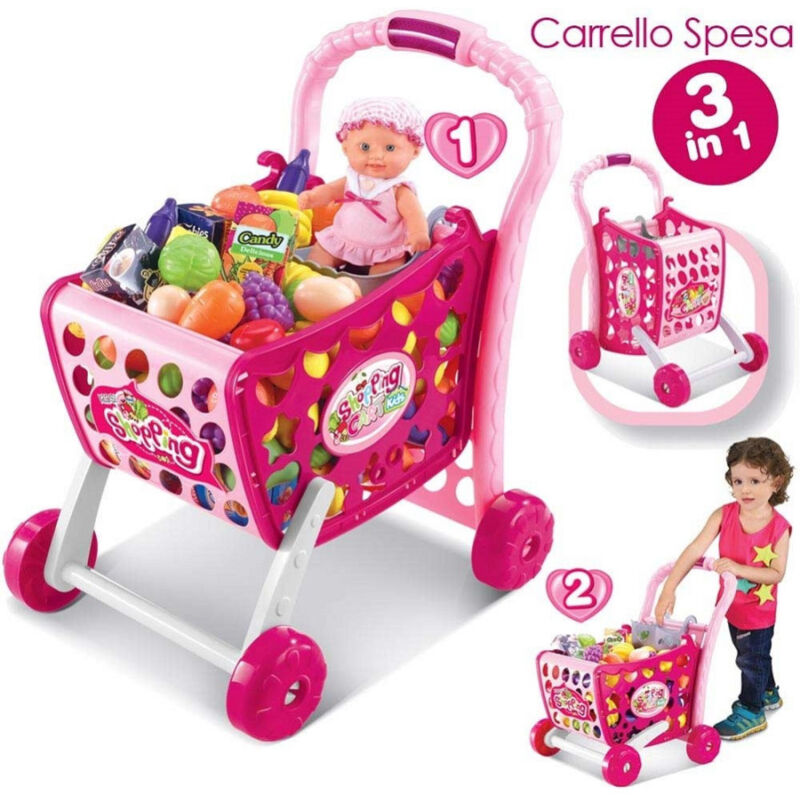 foto del prodotto trade shop traesio carrello spesa supermarket per bambini rosa azzurro con frutta e verdura 3in1 