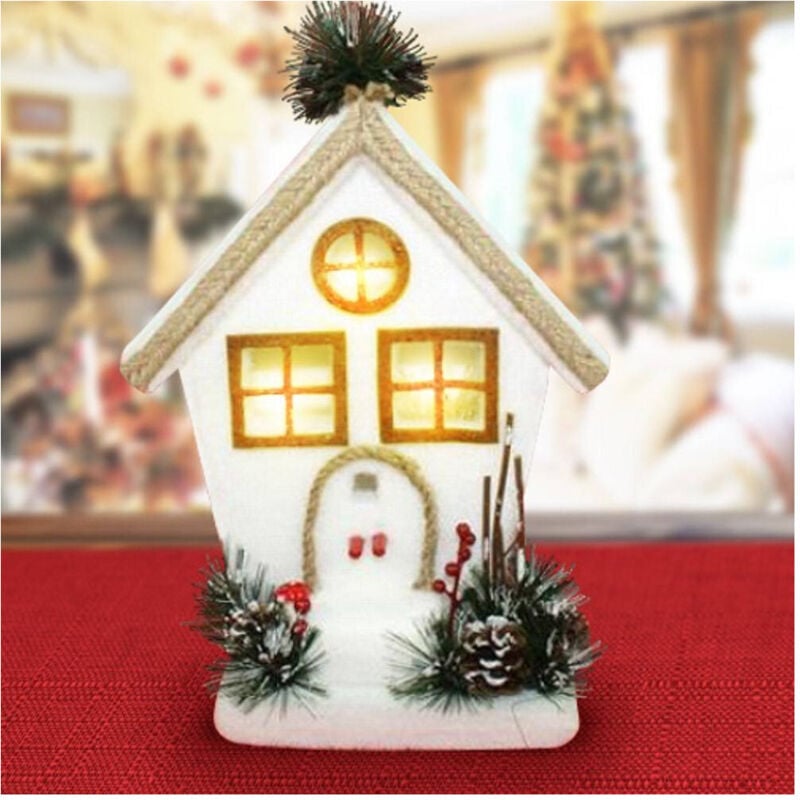 foto del prodotto trade shop traesio - casetta con rametti bacche e pigne con luce a pile 32cm decorazioni natalizie -