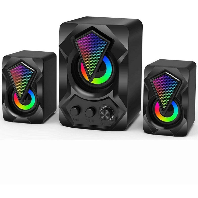 foto del prodotto trade shop traesio casse audio 2.0 aux usb altoparlanti subwoofer rgb per pc notebook 5 3 w ab d391 