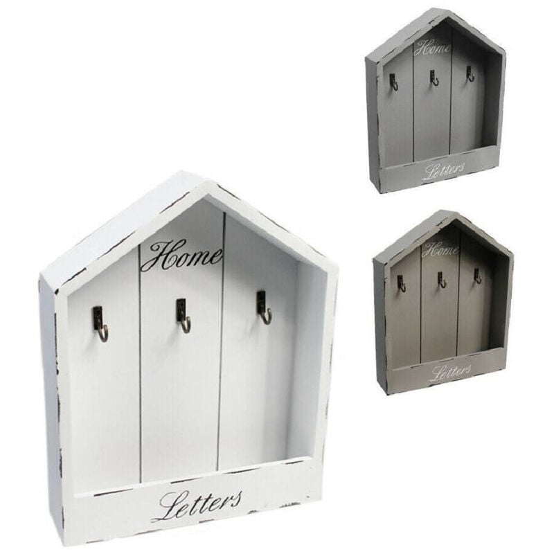 foto del prodotto trade shop traesio cassetta portachiavi da parete in legno 3 posti shabby con mensola portalettere 