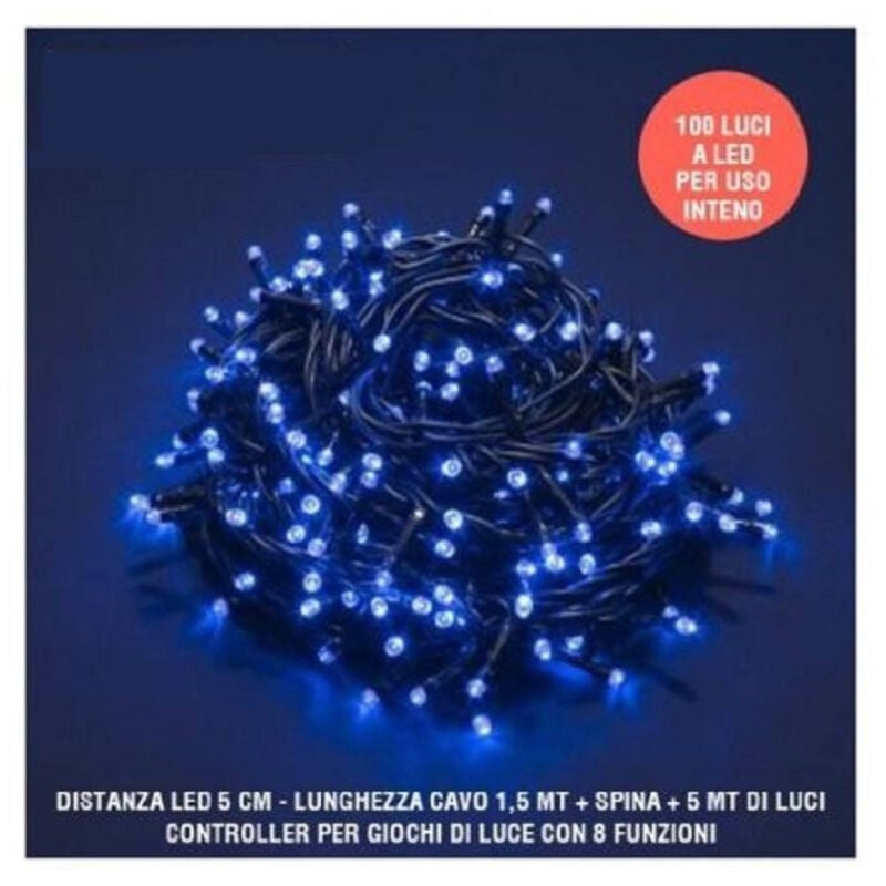foto del prodotto trade shop traesio catena luci a led natalia 100 led lucciole blu con controller 8 funzioni interno 
