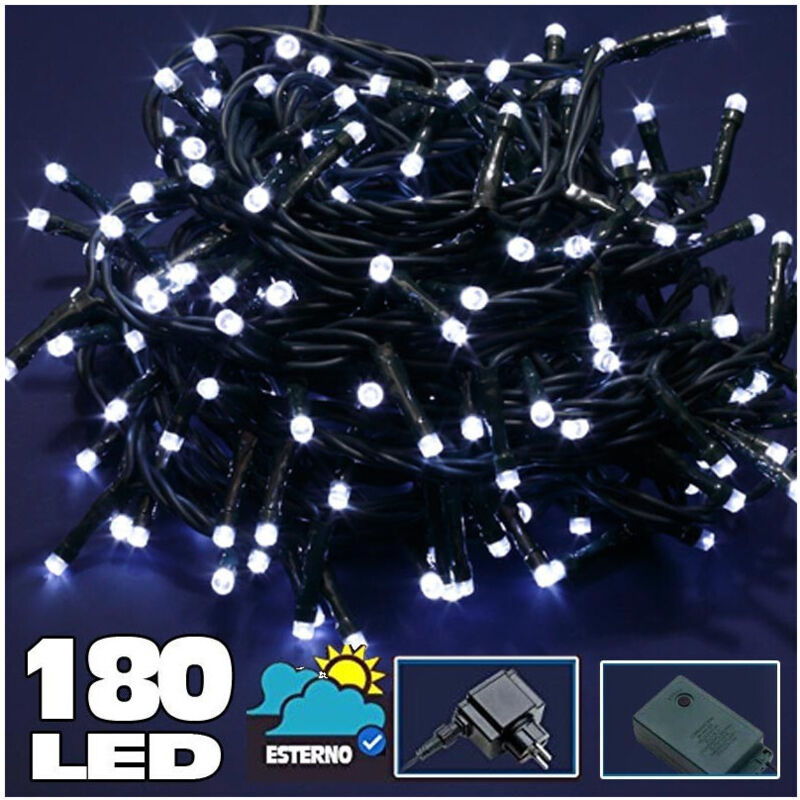 foto del prodotto trade shop traesio catena luminosa 180 led luci bianco freddo per esterno controller 8 funzioni 24v 