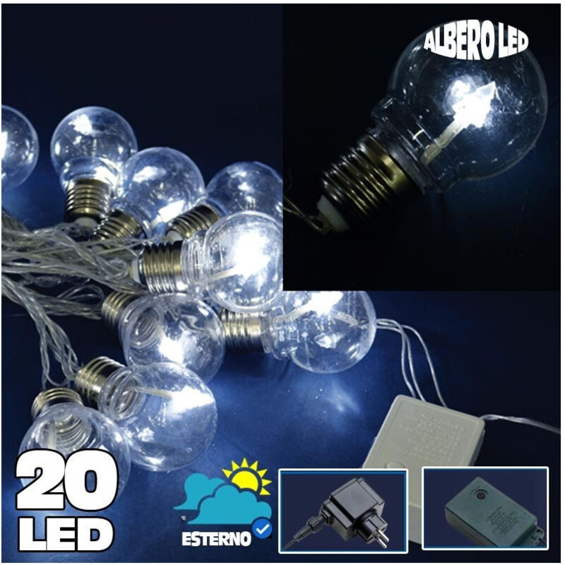 foto del prodotto trade shop traesio catena luminosa 20 bulbi forma lampadina trasparente a led bianco freddo albero 