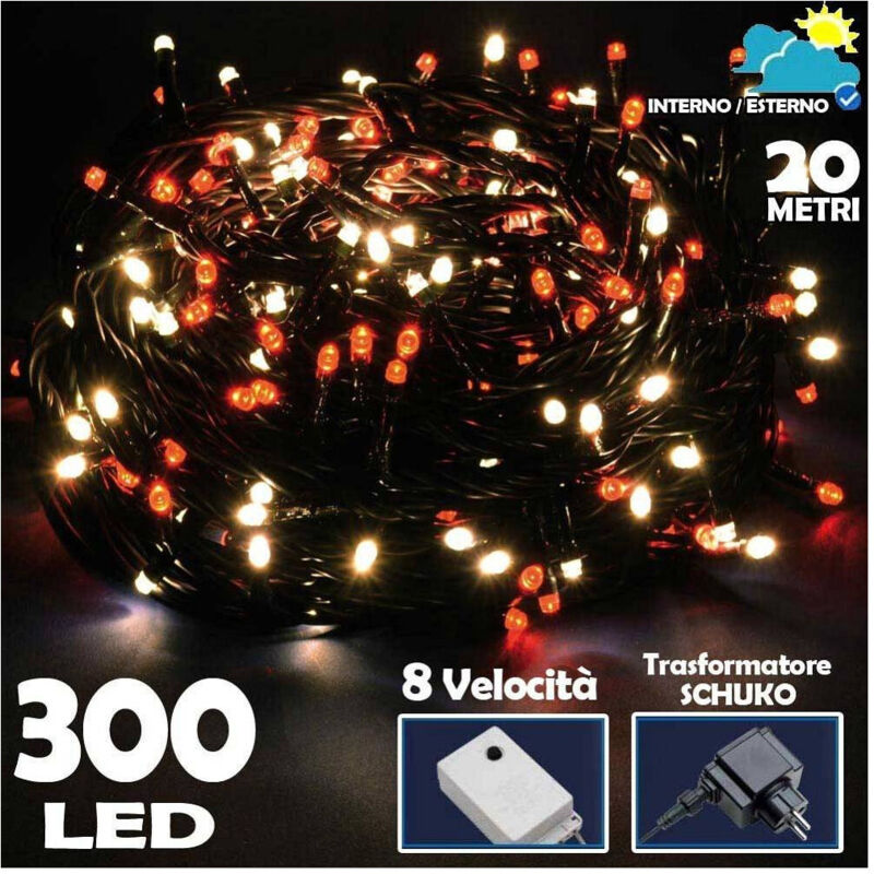 foto del prodotto trade shop traesio catena luminosa 300 luci led lucciole bianco caldo e rosso 8 funzioni per esterno 