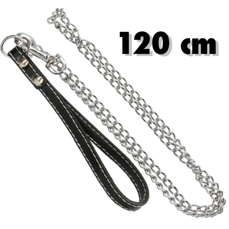 foto del prodotto trade shop traesio - catena per cane guinzaglio cani 120cm con gancio acciaio e maniglia in cuoio -