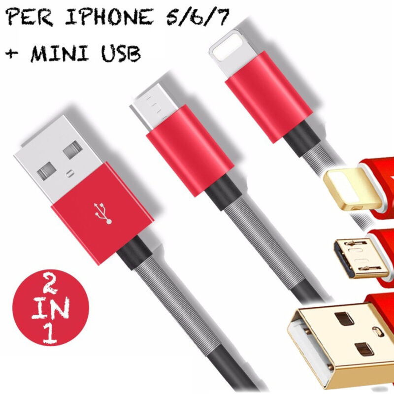 foto del prodotto trade shop traesio cavo usb 2.0 caricatore batteria e sync per iphone 5 6 7 e samsung 2 in 1 rapido 
