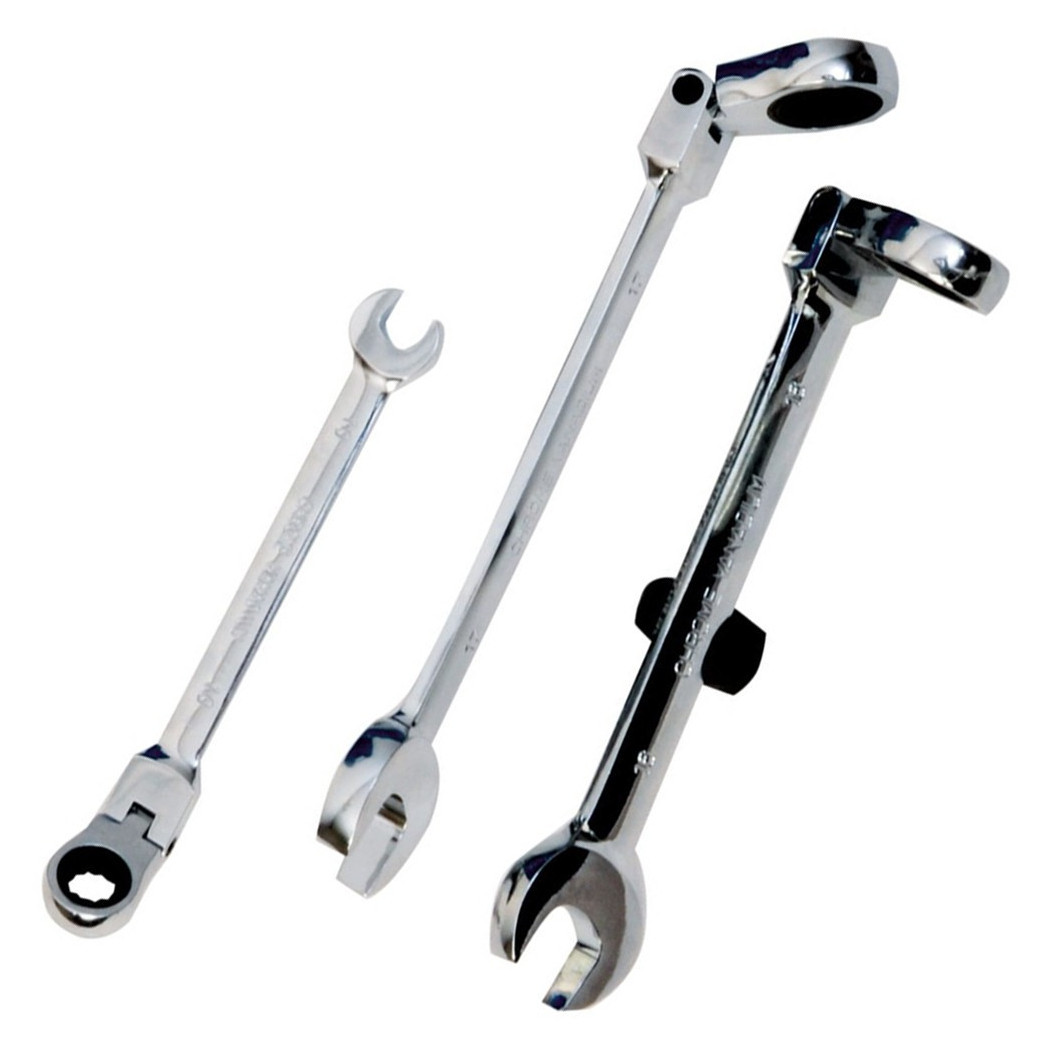 foto del prodotto trade shop traesio chiave combinate a cricchetto chrome vanadium con testa snodabile misura mm 19 mm 