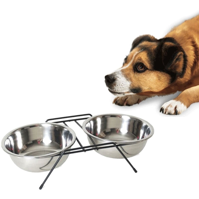 foto del prodotto trade shop traesio ciotola doppia rialzata per cani 2 per 14cm con supporto cibo acqua in metallo 