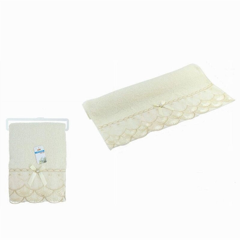 foto del prodotto trade shop traesio - cleafe - asciugamano bagno telo cotone morbido decorato 70x140cm 380gr beige chiaro 79504 -