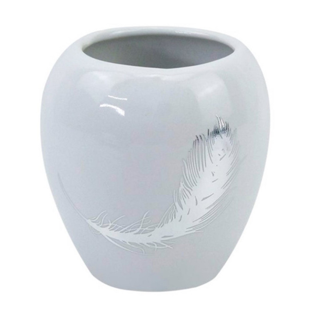 foto del prodotto trade shop traesio cleafe bicchiere portaspazzolini ceramica bianca decorato con piuma argento bagno 59899 