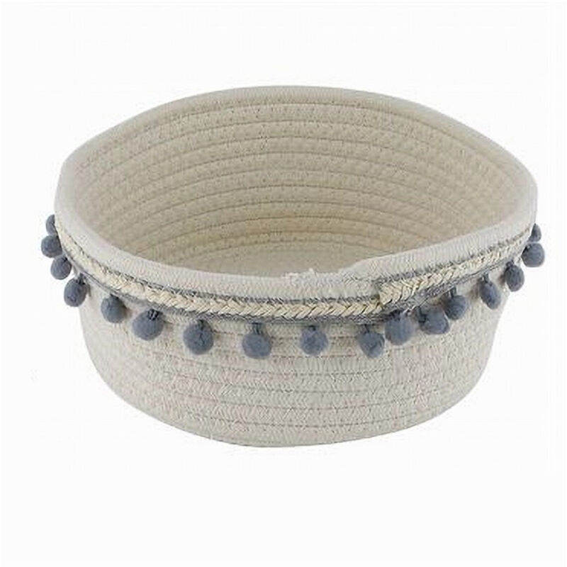 foto del prodotto trade shop traesio cleafe cesto porta oggetti per biancheria in corda pon pon grigi cestino 22x9.5cm 10670 