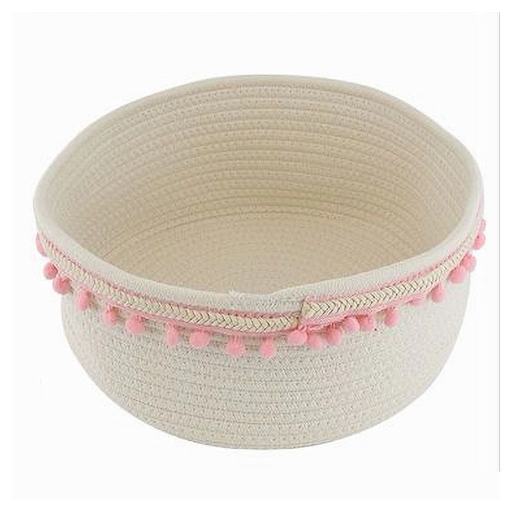 foto del prodotto trade shop traesio cleafe cesto porta oggetti per biancheria in corda pon pon rosa cestino 22x9.5 cm 10666 