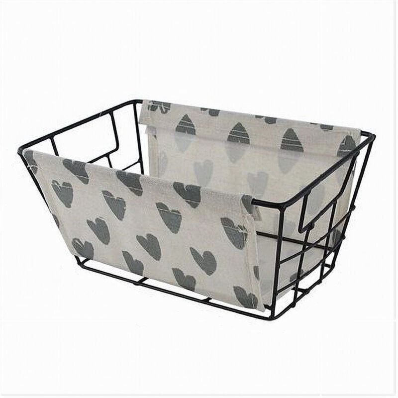 foto del prodotto trade shop traesio cleafe cesto portaoggetti in ferro tessuto stampa a cuori grigi manici 25x15x12cm 10616 