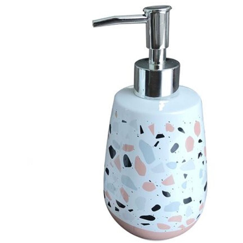 foto del prodotto trade shop traesio - cleafe - dispenser porta sapone bagno graniglia bianco multicolore con base rosa 59875 -