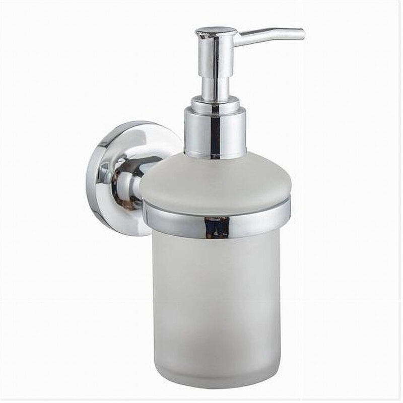foto del prodotto trade shop traesio - cleafe - dispenser porta sapone liquido a parete acciaio bicchiere vetro satinato 79805 -