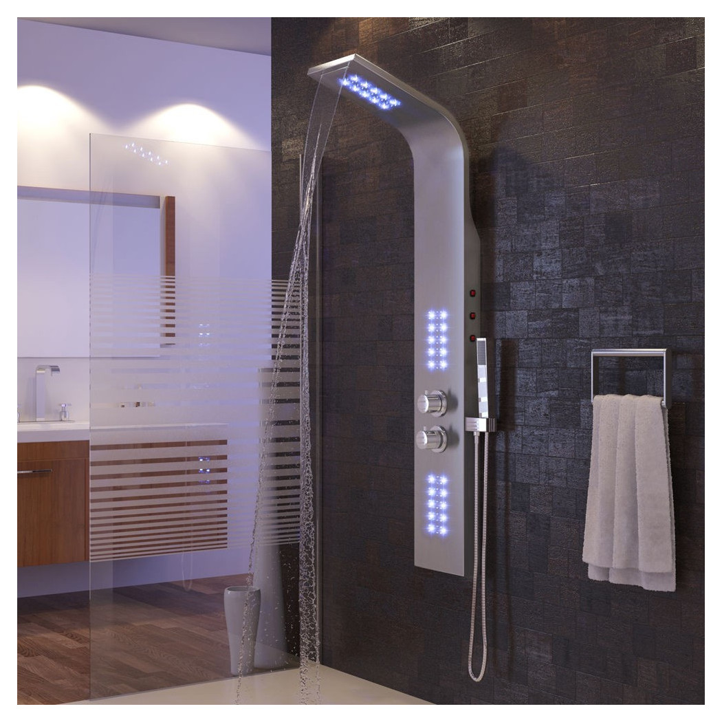 foto del prodotto trade shop traesio cleafe pannello colonna doccia cascata pioggia ugelli idromassaggio soffione luci led 