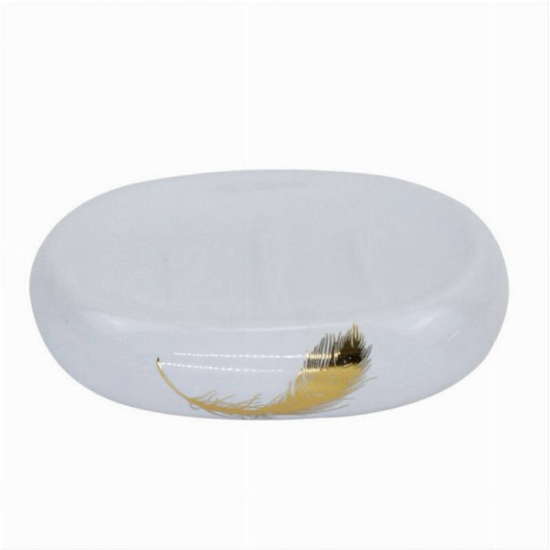 foto del prodotto trade shop traesio cleafe piattino per sapone in ceramica bianca con piuma oro portasaponetta bagno 59896 