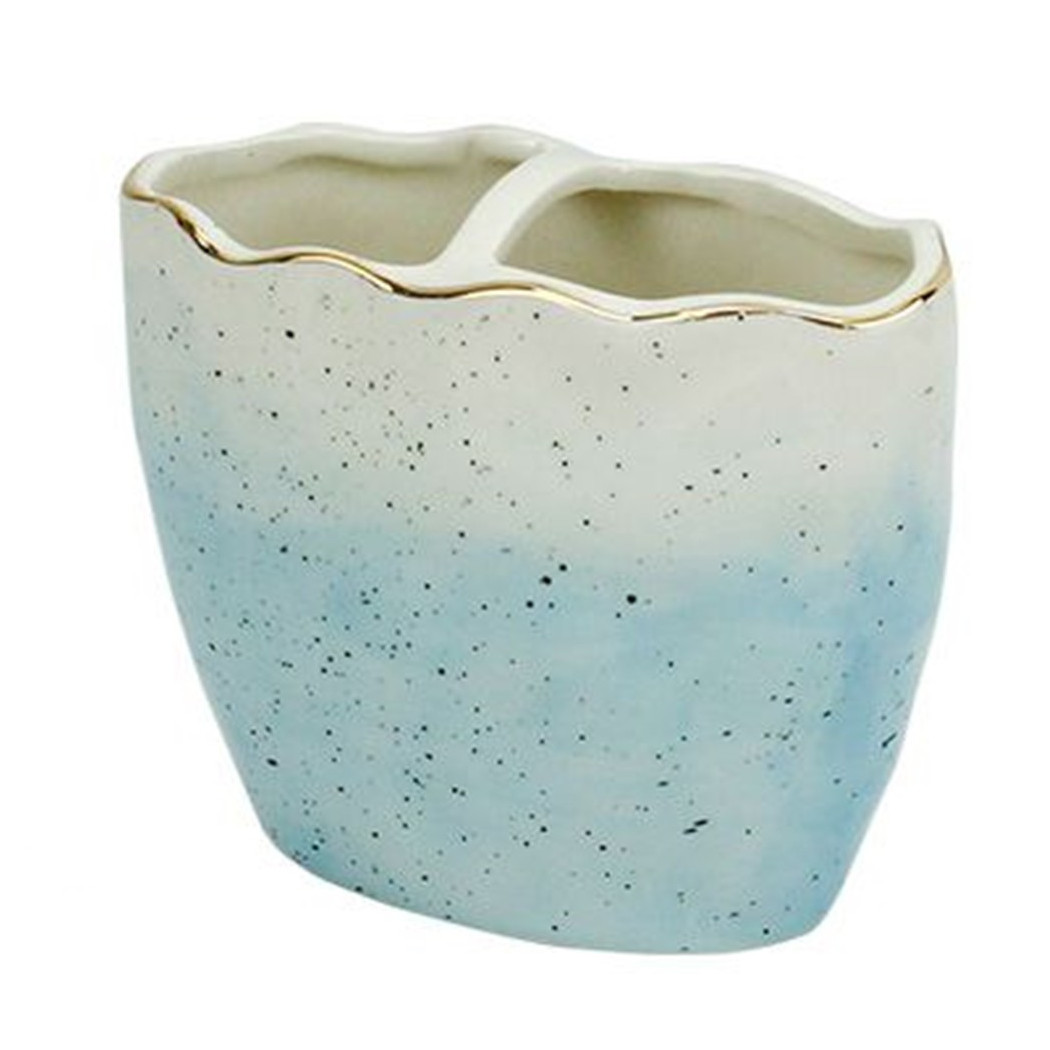 foto del prodotto trade shop traesio cleafe porta spazzolini bicchiere bagno 2 fori bianco azzurro con effetto pietra 79273 
