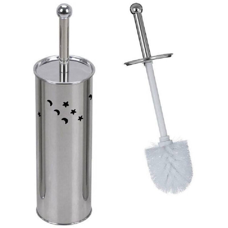 foto del prodotto trade shop traesio - cleafe - portascopino cilindro acciaio bagno spazzolone wc argento con stelle lune 52666 -