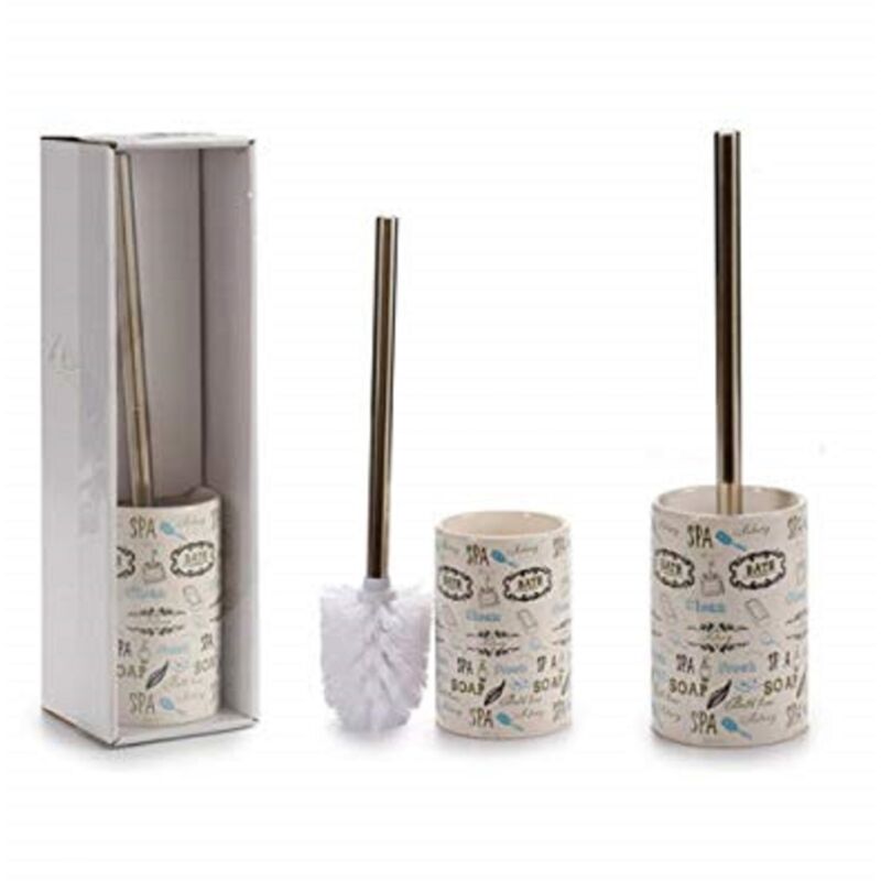 foto del prodotto trade shop traesio cleafe portascopino in ceramica acciaio design scritte spazzola scopettino 9.6x9.6x36cm bagno wc 