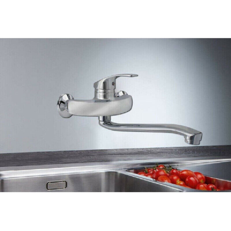 foto del prodotto trade shop traesio cleafe rubinetto a parete miscelatore 2 fori a muro per lavello da cucina cromato 52335 