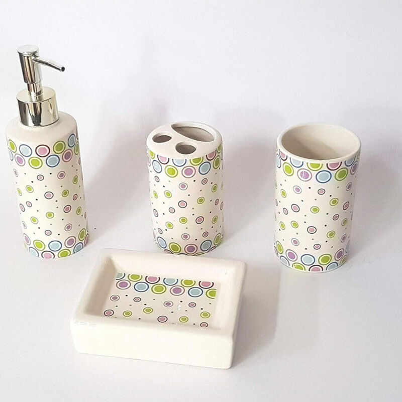 foto del prodotto trade shop traesio cleafe set 4 pezzi bagno cerchi colorati 52100 ceramica dispenser sapone spazzolini 