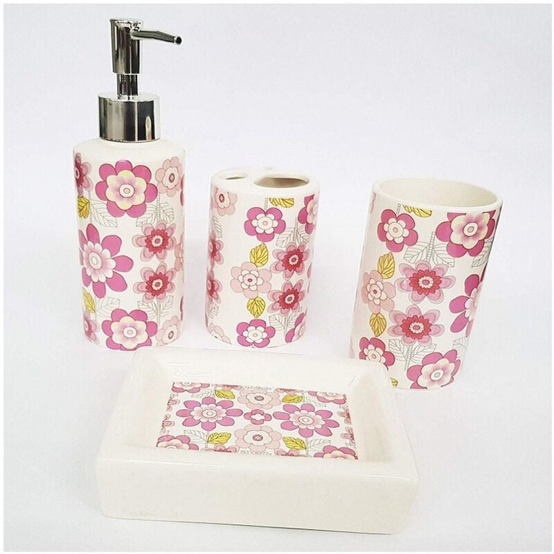 foto del prodotto trade shop traesio - cleafe - set 4pz bagno fiori rosa floreale ceramica dispenser sapone porta saponetta bicchiere spazzolini -