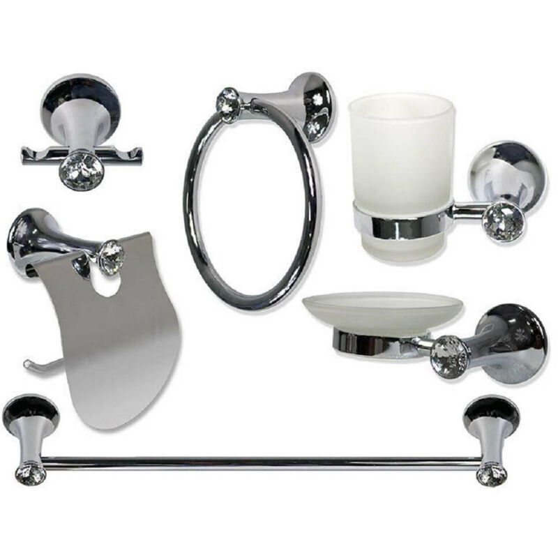 foto del prodotto trade shop traesio - cleafe - set bagno 6 pz acciaio e vetro punti luce cristalli porta rotolo saponetta 52437 -