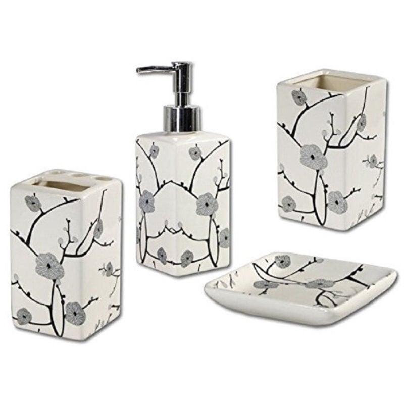 foto del prodotto trade shop traesio cleafe set bagno fiori pesco giapponesi in ceramica dispenser porta saponetta bicchiere 
