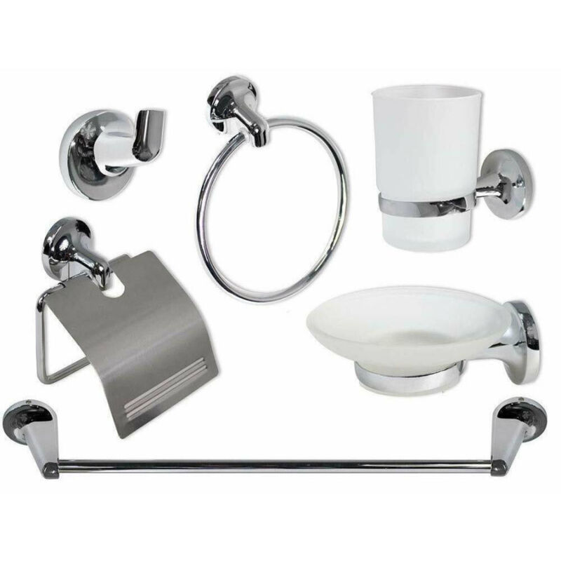 foto del prodotto trade shop traesio cleafe set bagno moderno in acciaio cromato e vetro satinato 6 pezzi arredo bagno 69984 