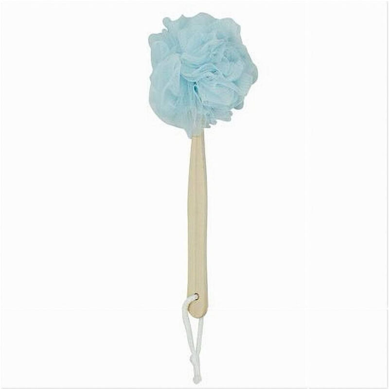 foto del prodotto trade shop traesio cleafe spazzola doccia lavaschiena spugna rete azzurra esfoliante manico in legno 79598 
