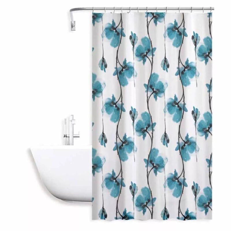foto del prodotto trade shop traesio cleafe tenda doccia vasca impermeabile 12 ganci decorazione fiori blu 180x200 cm 79224 