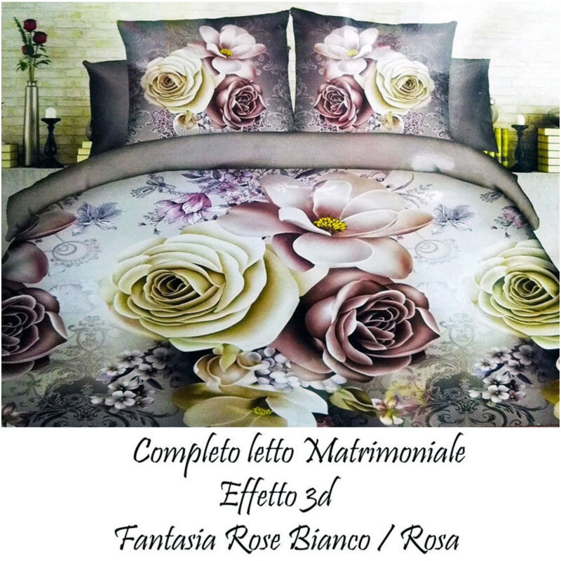 foto del prodotto trade shop traesio completo letto 3d lenzuola matrimoniale sotto sopra copricuscini rose colorate 