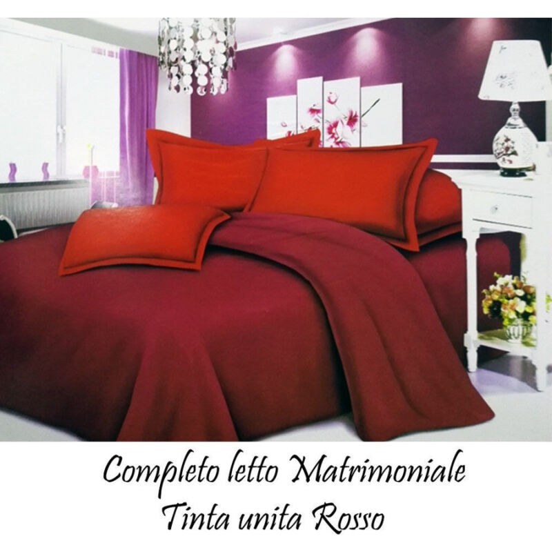 foto del prodotto trade shop traesio completo letto lenzuola matrimoniale con copri cuscini tinta unita colore rosso 