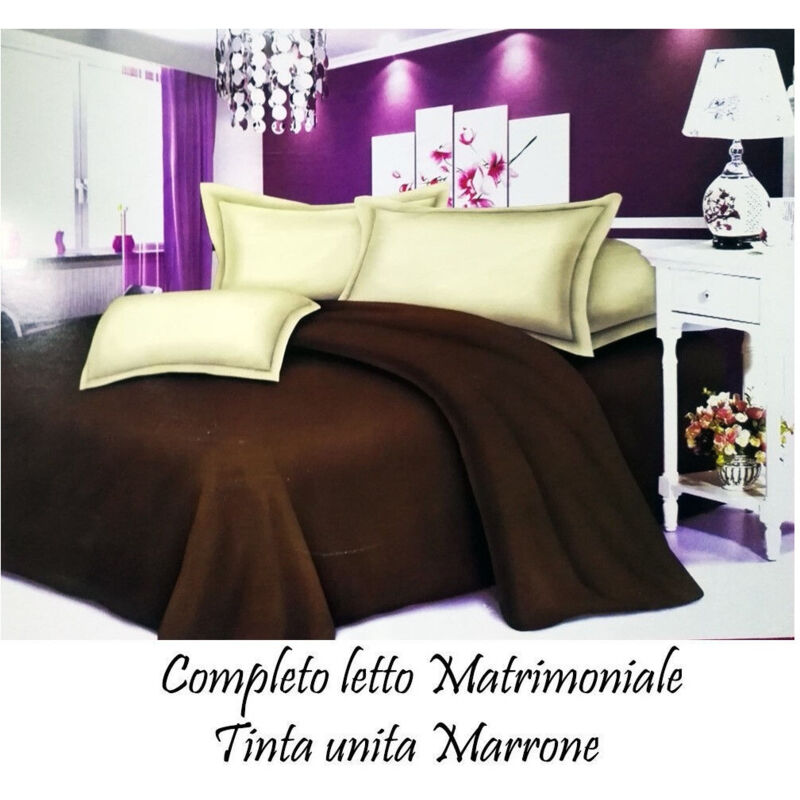 foto del prodotto trade shop traesio completo letto lenzuola matrimoniale con copri cuscini tinta unita marrone 