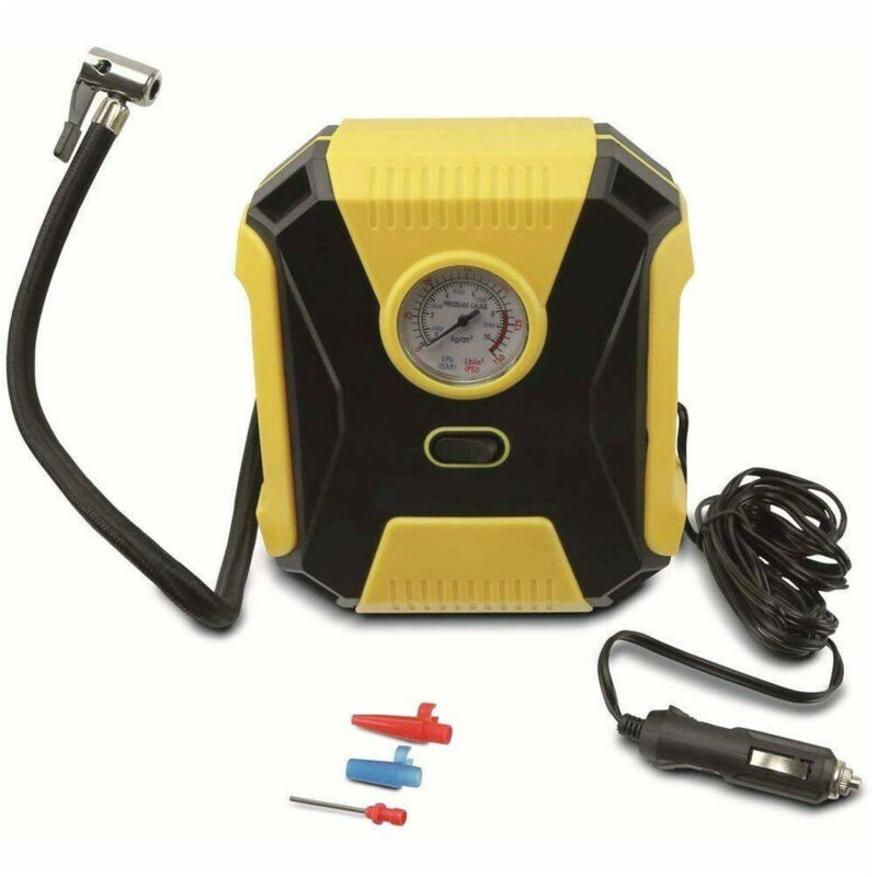 foto del prodotto trade shop traesio - compressore aria auto portatile 12v 150 psi ruote auto portatile 3 beccucci -