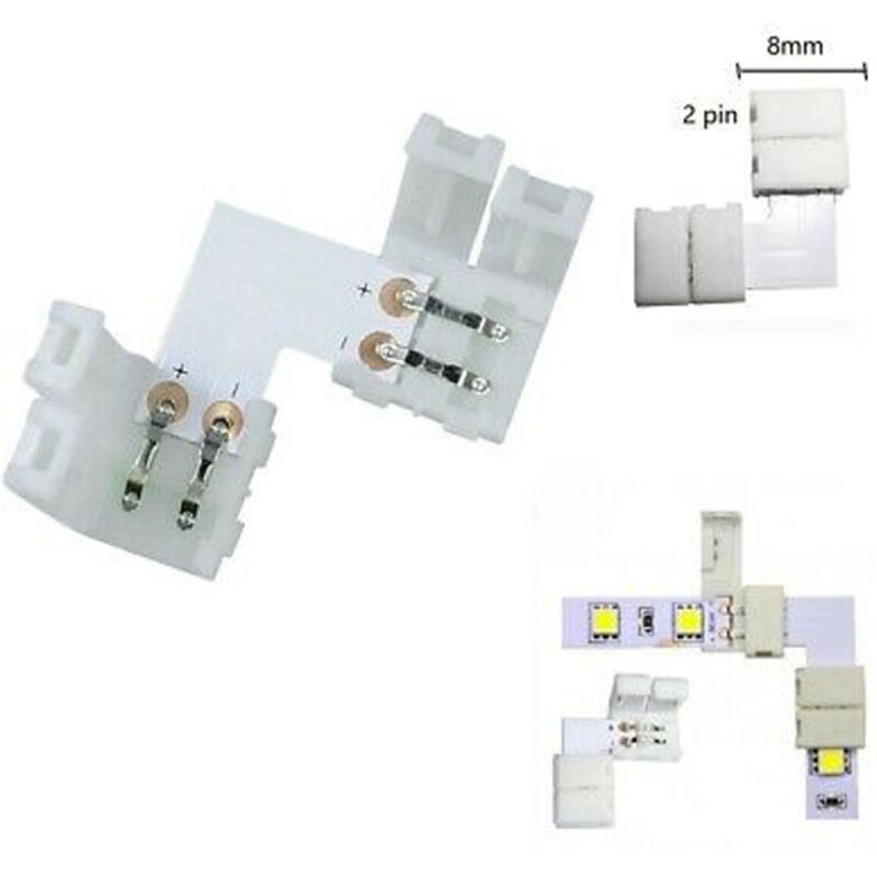 foto del prodotto trade shop traesio connettore a clip 2 pin per strip led 12v angolo a 90 gradi curva a forma l 