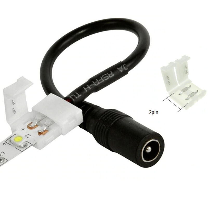 foto del prodotto trade shop traesio connettore a clip 8mm 2 pin per strip led 12v con cavetto jack femmina da 2,5mm 