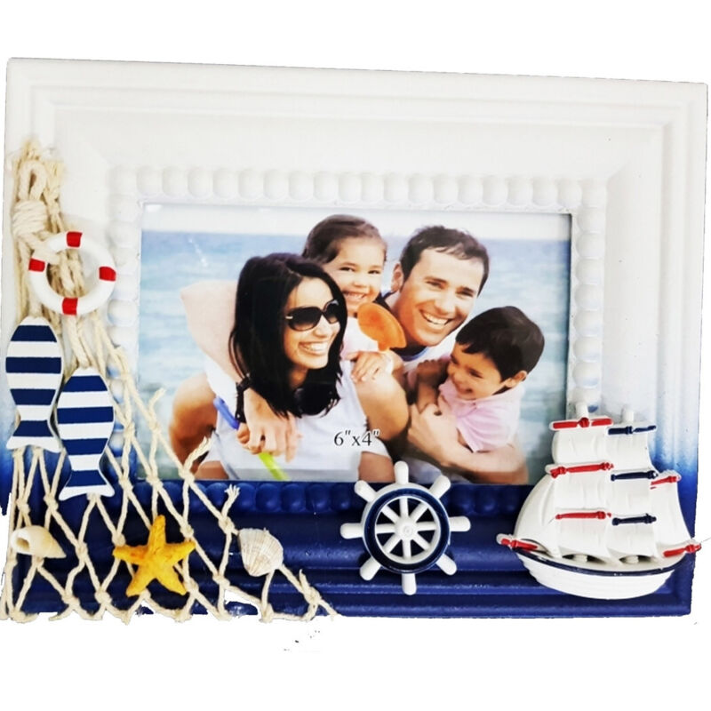 foto del prodotto trade shop traesio - cornice rete portafoto timone mare blu bianco fotografie decorazione casa uffici -