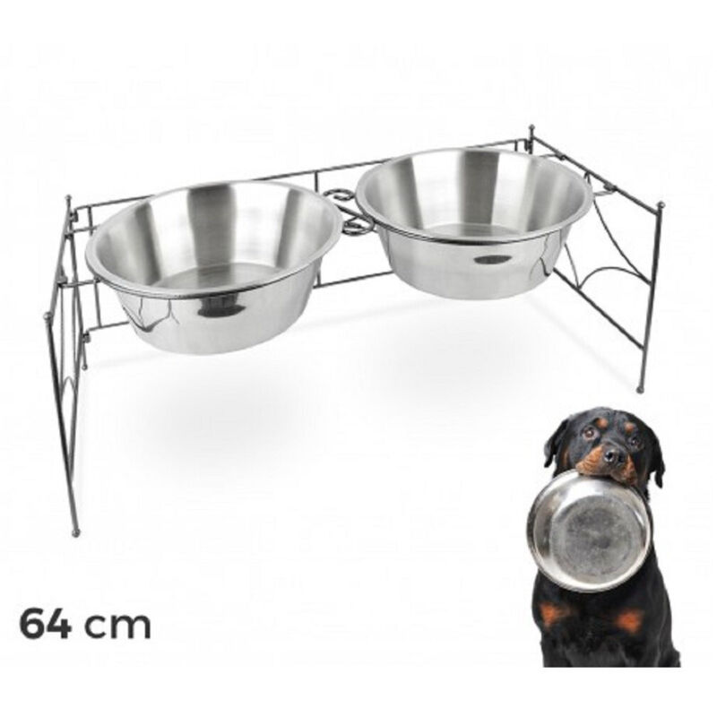 foto del prodotto trade shop traesio - doppia ciotola per cane cani in acciaio con supporto rialzato 44 x 21,5 x 11 cm -