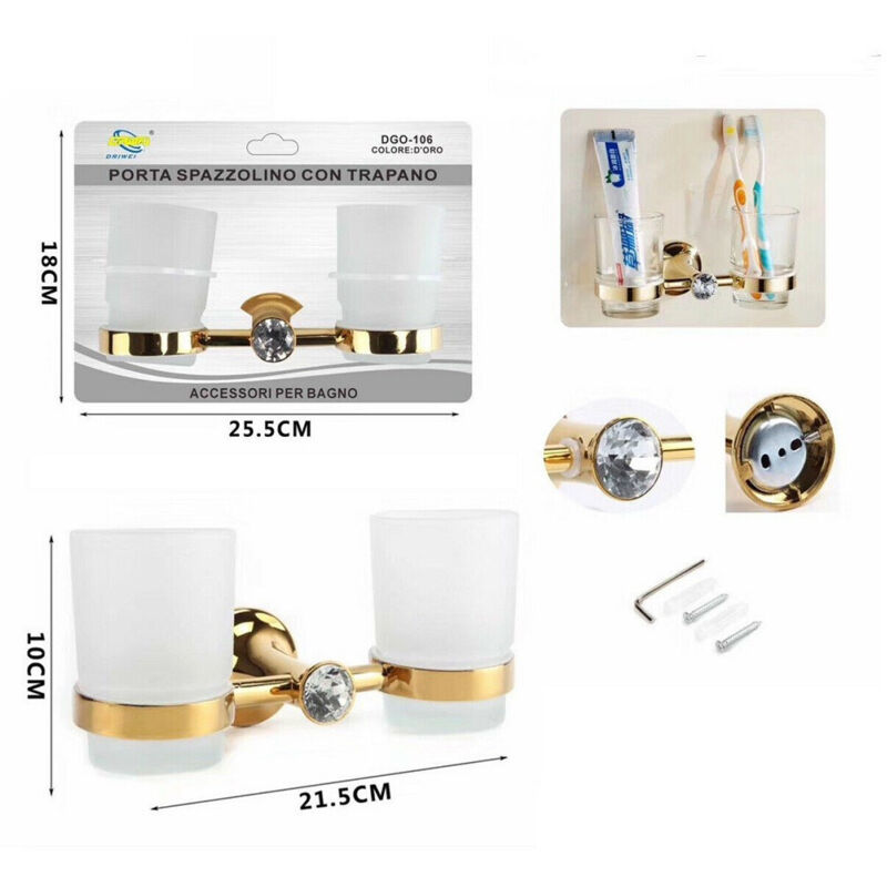foto del prodotto trade shop traesio doppio bicchiere supporto bagno porta spazzolino denti muro dorato oro dgo 106 