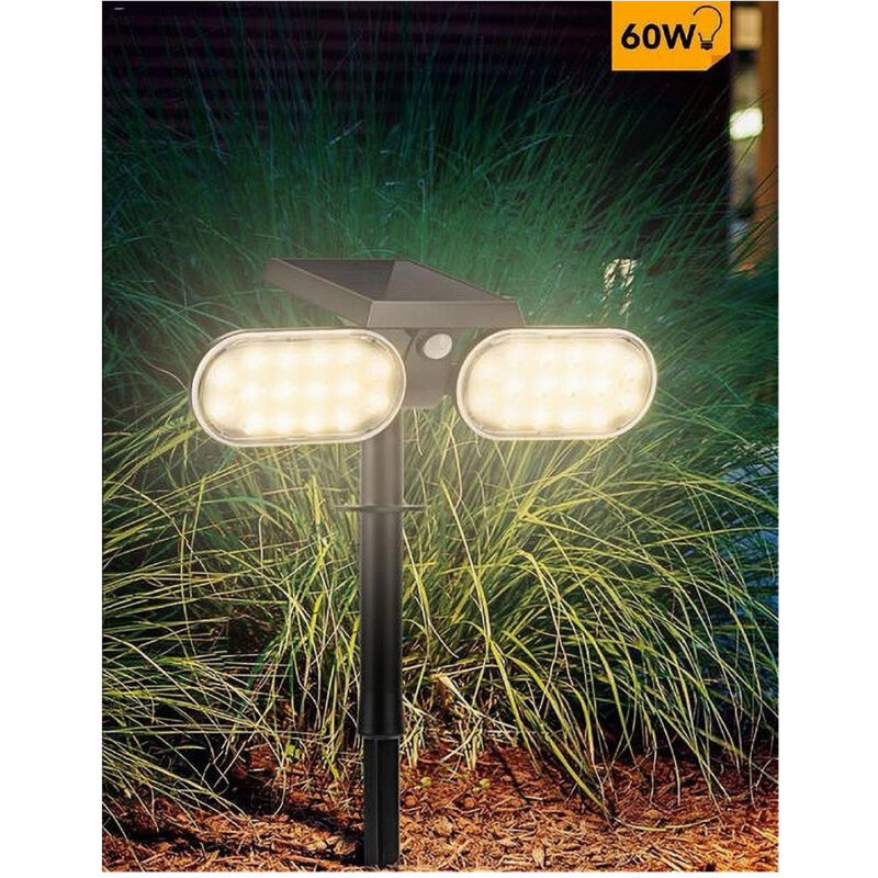 foto del prodotto trade shop traesio faretto doppio a led snodabile ricaricabile pannello solare picchetto yh0518 pir bianco caldo 