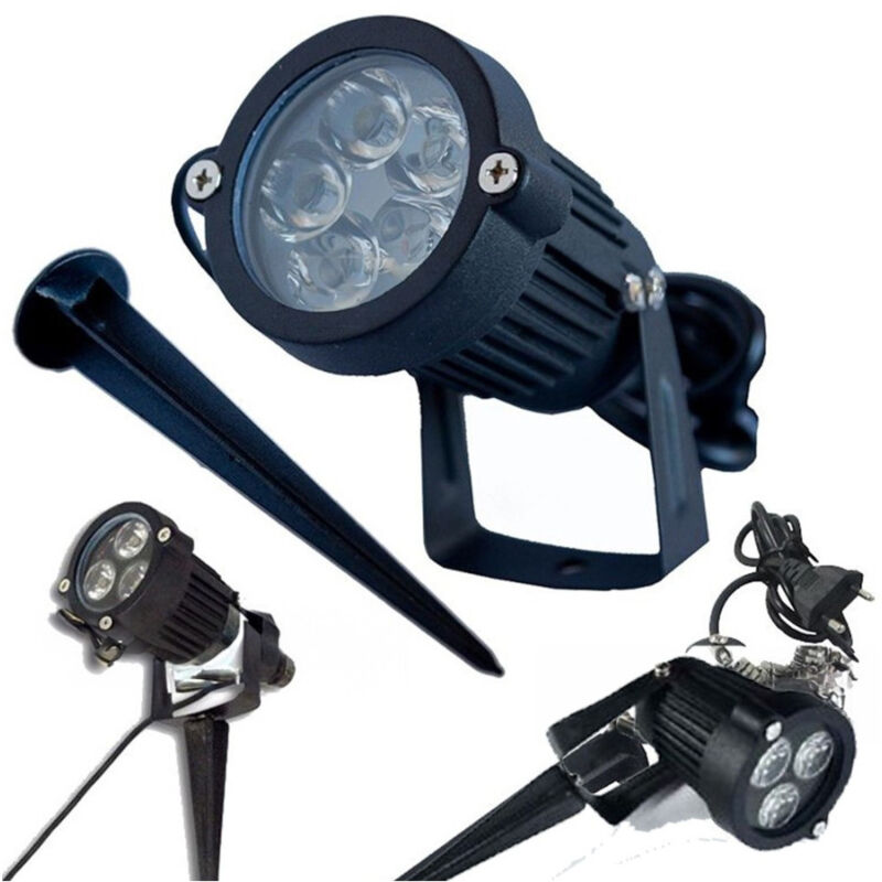 foto del prodotto trade shop traesio faretto faro led da giardino 3 4 5 w watt supporto picchetto luce fredda ip 65 bianco freddo 5 watt