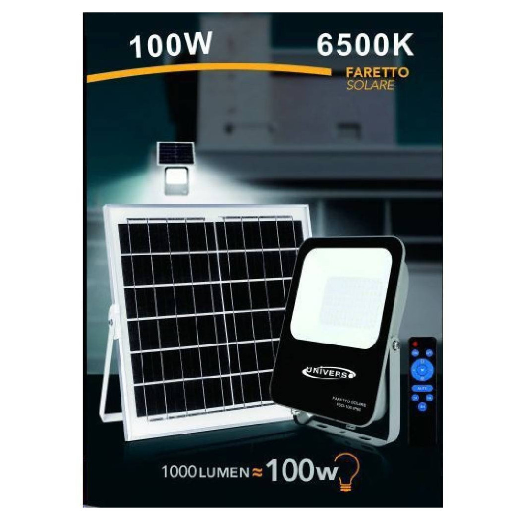 foto del prodotto trade shop traesio faretto faro led solare 100 watt con telecomando ip65 luce fredda 6500k fso 100w 