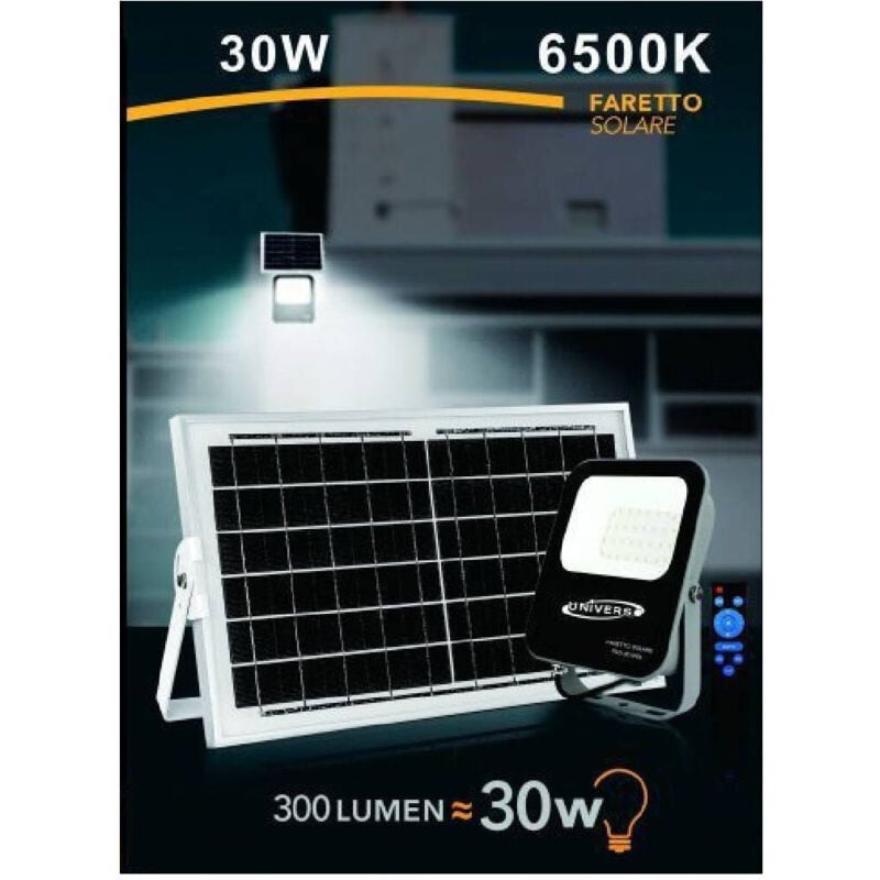 foto del prodotto trade shop traesio - faretto faro led solare 30w con telecomando ip65 luce bianco fredda 6500k fso30w -