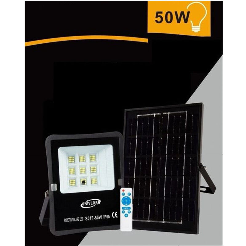 foto del prodotto trade shop traesio faretto faro led solare 50 w telecomando ip65 luce bianca fredda 6500k s01f 50w 