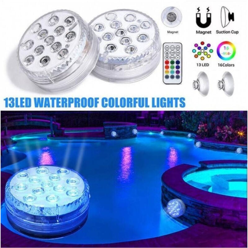foto del prodotto trade shop traesio faretto led ad immersione per piscine 13led rgb multicolore con telecomando ip68 
